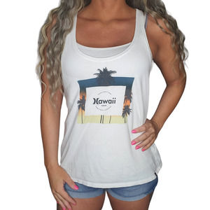 Hurley Hawaii Tank Top Womens Medium Scoop Neck Racerback White Palm Tree Surf